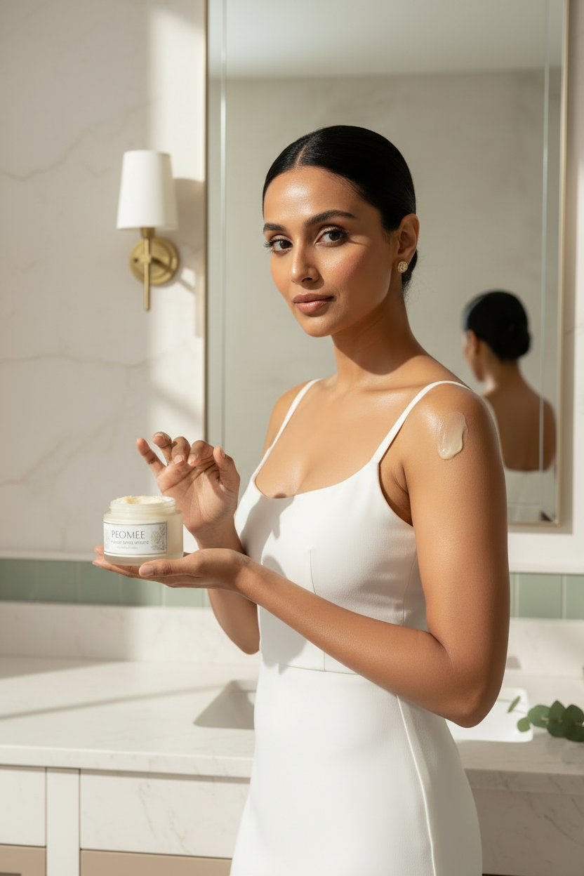Model applying PEOMEE Whipped Body Butter